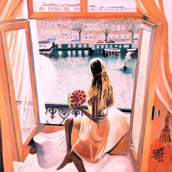 Peinture intitulée "Jeune femme au bouq…" par Gym, Œuvre d'art originale, Huile