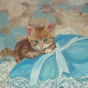 Pintura titulada "Kitten On A Cushion" por Gerald Shepherd F.F.P.S., Obra de arte original, Oleo