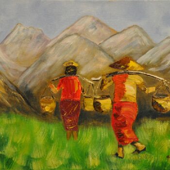 Painting titled "Retour des champs a…" by Gerard Fayet, Original Artwork, Oil Mounted on Wood Stretcher frame
