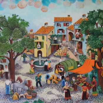 Painting titled "Le marché au village" by Gérard Michel, Original Artwork, Oil