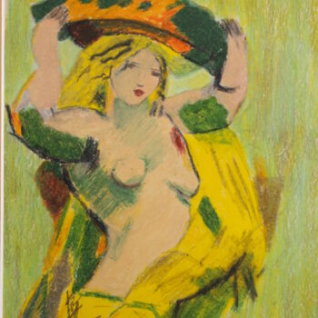 Painting titled "Femme Au Chapeau" by Gerard Pompee, Original Artwork, Pastel