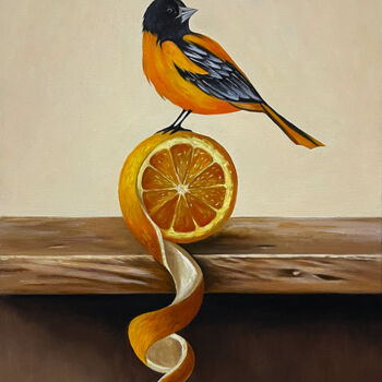 Ζωγραφική με τίτλο "Citrus Songbird" από Gevorg Sinanyan, Αυθεντικά έργα τέχνης, Λάδι Τοποθετήθηκε στο Ξύλινο φορείο σκελετό