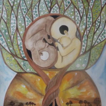 Pintura intitulada "Yin Yang Life Tree" por Ghislaine, Obras de arte originais, Aquarela