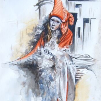 「Mystère en orange e…」というタイトルの絵画 Ghislaine Letourneurによって, オリジナルのアートワーク, 水彩画 段ボールにマウント