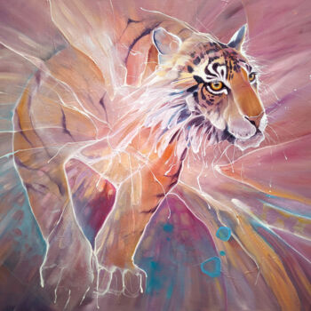 Painting titled "Tiger Materializing" by Gill Bustamante, Original Artwork, Oil Mounted on Wood Stretcher frame