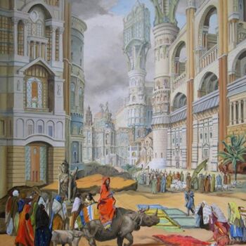 Painting titled "L'entrée à Jérusalem" by Gilles Chambon, Original Artwork, Oil