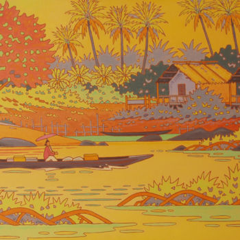 绘画 标题为“le mekong.sud laos” 由Gilles Mével, 原创艺术品, 丙烯 安装在木质担架架上