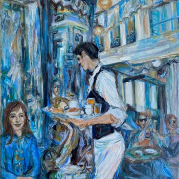 Painting titled "Cafe Dome Paris" by Gina Son, Original Artwork, Oil