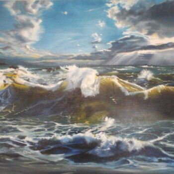 Painting titled "La vague" by Christine Ginestet, Original Artwork, Oil