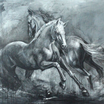 Painting titled "Horses" by Giorgi Kobiashvili (KOBI), Original Artwork, Oil