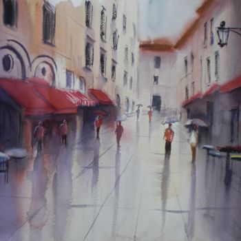 Painting titled "walking in a rainy…" by Giorgio Gosti, Original Artwork, Watercolor