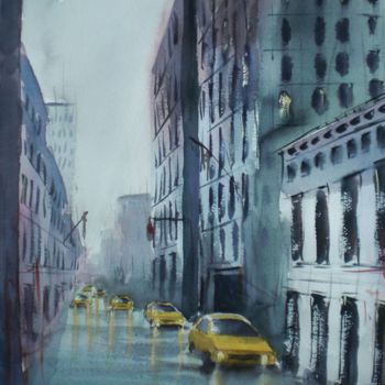 Peinture intitulée "yellow cabs in New…" par Giorgio Gosti, Œuvre d'art originale, Aquarelle