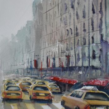 Peinture intitulée "yellow cabs in New…" par Giorgio Gosti, Œuvre d'art originale, Aquarelle