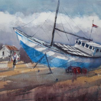 Painting titled "boat stranded 2" by Giorgio Gosti, Original Artwork, Watercolor