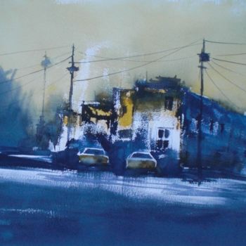 Painting titled "cars in the night" by Giorgio Gosti, Original Artwork, Watercolor