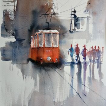 Peinture intitulée "tram in Milan 27" par Giorgio Gosti, Œuvre d'art originale, Aquarelle