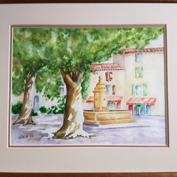 Painting titled "Place de la fontaine" by Gisele Hamon, Original Artwork, Watercolor Mounted on Cardboard