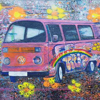 Painting titled "Kombi 70's Time tra…" by Giuseppe Valia, Original Artwork, Acrylic Mounted on Wood Stretcher frame