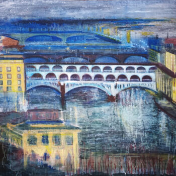 Painting titled "Florence Bridge ove…" by Giuseppe Valia, Original Artwork, Spray paint Mounted on Wood Stretcher frame