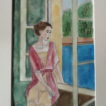 Peinture intitulée "La noia de la fines…" par G Riart, Œuvre d'art originale, Aquarelle Monté sur Carton