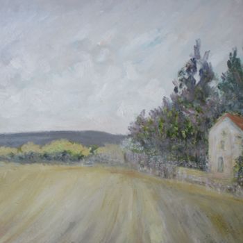 Painting titled "Landscape with a ho…" by Ferran Gomila, Original Artwork, Oil Mounted on Wood Stretcher frame