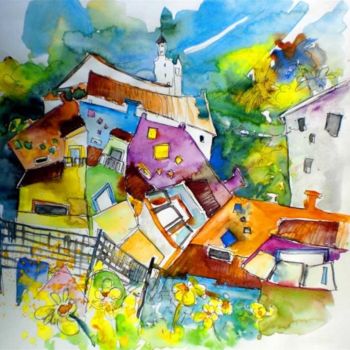 Schilderij getiteld "Rainbow Houses in V…" door Miki De Goodaboom, Origineel Kunstwerk, Olie