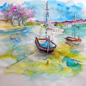 Painting titled "Boats in Moita" by Miki De Goodaboom, Original Artwork, Oil