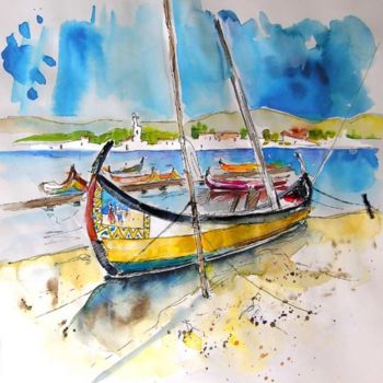 Malerei mit dem Titel "Boats in Torreira" von Miki De Goodaboom, Original-Kunstwerk, Öl