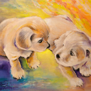 Schilderij getiteld "Two Puppies" door Miki De Goodaboom, Origineel Kunstwerk, Acryl