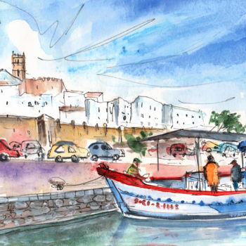 Painting titled "Peniscola Harbour 03" by Miki De Goodaboom, Original Artwork, Watercolor