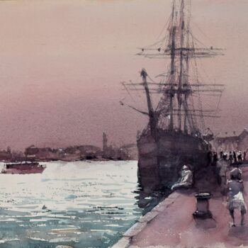 Painting titled "Sailship in Venice" by Goran Žigolić (watercolors), Original Artwork, Watercolor
