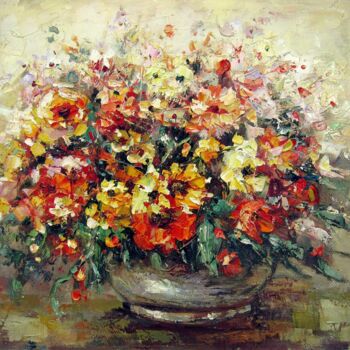 Painting titled "Vase Flower 321" by Greg Leander, Original Artwork, Oil Mounted on Wood Stretcher frame