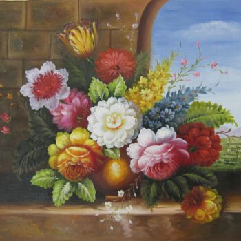 Painting titled "Flower tradtional 1…" by Greg Leander, Original Artwork, Oil Mounted on Wood Stretcher frame