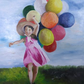 Malerei mit dem Titel "Menina com balões" von Greice Pozzatto, Original-Kunstwerk, Öl
