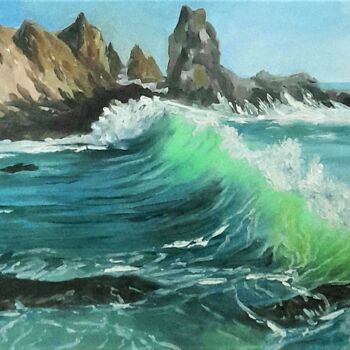 Painting titled "La vague verte" by Christian Grévellec, Original Artwork, Oil