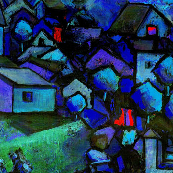 Pittura intitolato "village-nocturne-ac…" da Guido Schraner, Opera d'arte originale