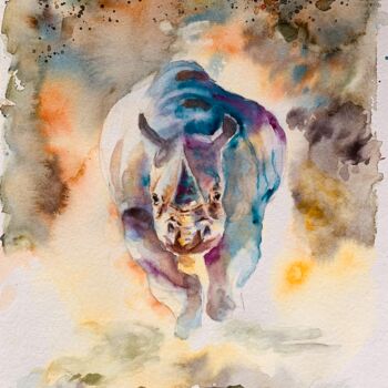 Malerei mit dem Titel "Charge du rhinocéros" von Guyle Rayne, Original-Kunstwerk, Aquarell