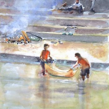 Peinture intitulée "On the bank of the…" par Guy Rossey, Œuvre d'art originale, Huile