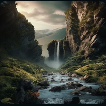 Artes digitais intitulada "Waterfall 3" por Guze, Obras de arte originais, Imagem gerada por IA