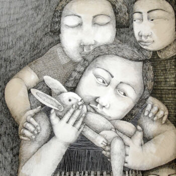 Disegno intitolato "Enfant et son doudo…" da Hanna Chroboczek, Opera d'arte originale, Inchiostro