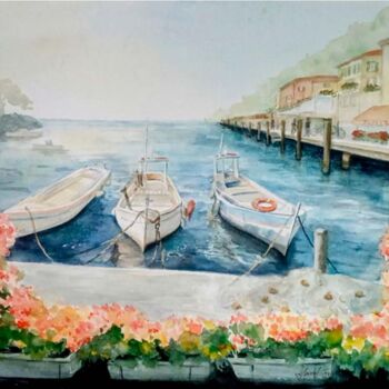 Ζωγραφική με τίτλο "Boats on the pier" από Hanna Samoilenko, Αυθεντικά έργα τέχνης, Ακουαρέλα