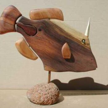 Sculpture titled "Honeycump filefish" by Hansjorg Stubler, Original Artwork, Wood