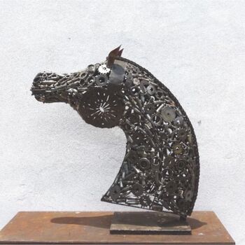 Escultura intitulada "Sculpture Tête Chev…" por Hassan Laamirat, Obras de arte originais, Metais