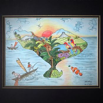 Pintura titulada "Bali Life" por Cheng Chen, Obra de arte original, Acuarela