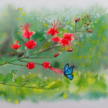 Ζωγραφική με τίτλο "Peacock Flowers" από Cheng Chen, Αυθεντικά έργα τέχνης, Ακουαρέλα