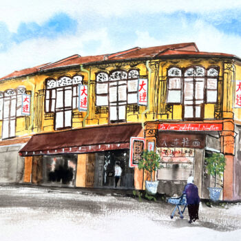 Pintura titulada "Singapore Shophouse" por Cheng Chen, Obra de arte original, Acuarela