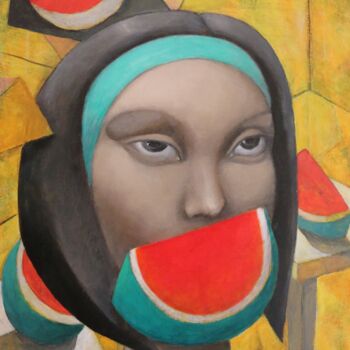 Painting titled "Dama con sandia" by Hector Acevedo, Original Artwork, Oil Mounted on Wood Stretcher frame