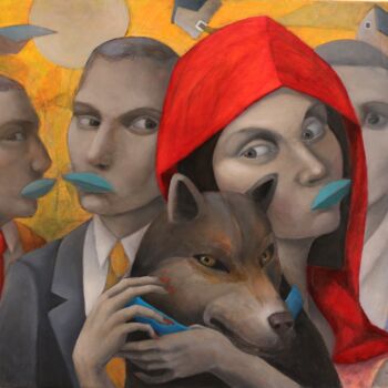 Schilderij getiteld "Canis Lupus" door Hector Acevedo, Origineel Kunstwerk, Olie Gemonteerd op Frame voor houten brancard