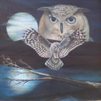 Painting titled "BUHO" by Hector Mario Restrepo Salazar (EL ARTE HECHO A MANO), Original Artwork, Oil