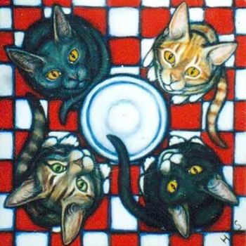 Schilderij getiteld "4 Hungry Cats" door Heidi Shaulis, Origineel Kunstwerk
